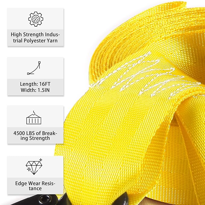 Trailer Winch Strap with Hook, 1.5in 16ft Heavy Duty Boat Winch Strap with 4500lbs Break Strength for Towing Vehicles, Boats, Trailer, Towing (Yellow)