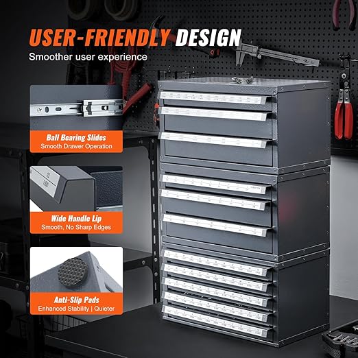 VEVOR Drill Bit Dispenser Cabinet Set, Three-Drawer for 1/16" to 1/2" & Letter Sizes A to Z, Five-Drawer Drill Bit Organizer for Wire Gauge Sizes #1 to #60, 3 Pieces