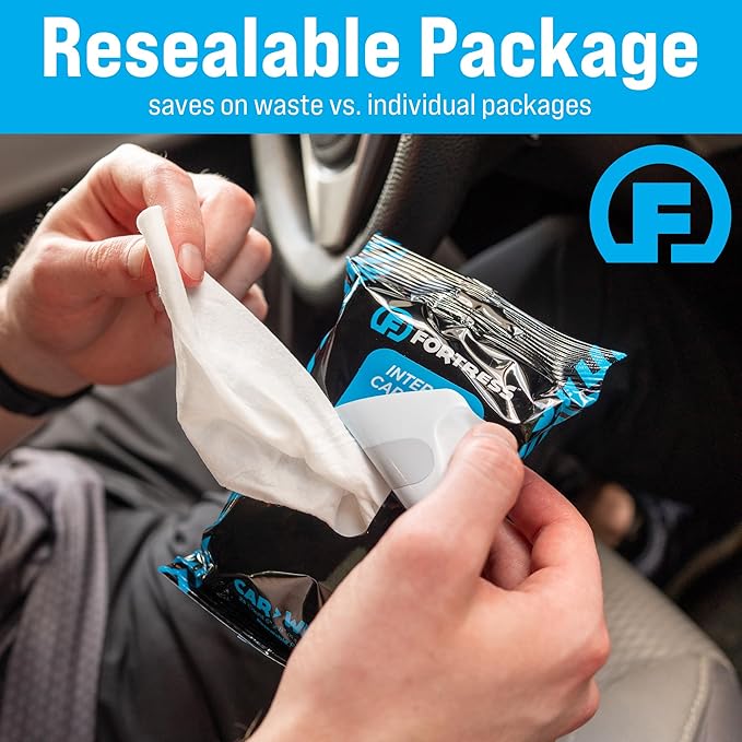 Fortress Car Interior Wipes with Microfiber Cloth (25 ct.) for Car Interior Cleaning, Dashboard, Seats, Detailing, and Steering Wheel [Travel Size] Skin-Safe Car Interior Cleaner Supplies