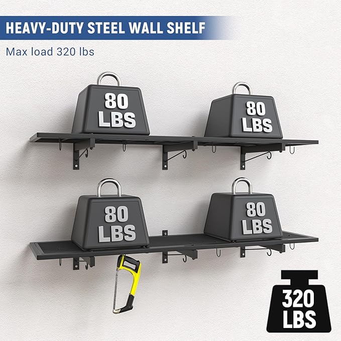 2 Pack Garage Wall Shelf, Heavy Duty Garage Shelving, 46"X 12.5" Wall Mounted Floating Shelves, Metal Hanging Storage Rack with 8 Hooks, Utility Organizer Max Load 320 LBS for Laundry Room, Workshop