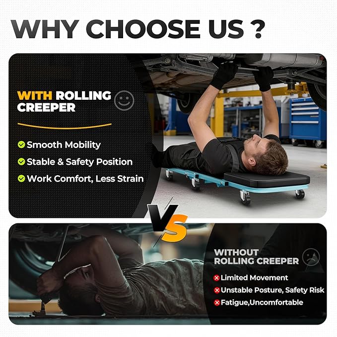 Auto Dynasty 40" Z-Creeper Seat, 2-in-1 Foldable Garage Creeper Shop Seat, 330 LBS Capacity Automotive Mechanic Repair Under Car Rolling Creeper Seat, Sky Blue