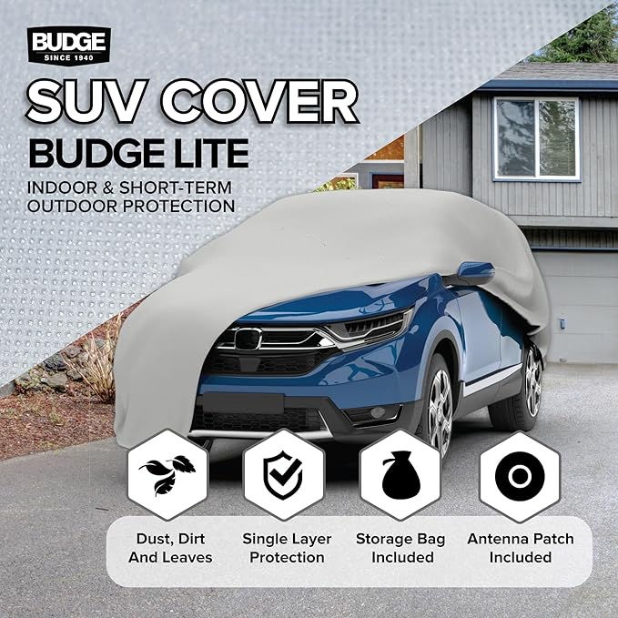 Budge Lite SUV Car Cover, Single-Layer Breathable Indoor Dust Proof Protection, Lightweight Non-Abrasive Fabric, Fits SUVs up to 162" L x 59" W x 60" H, Gray