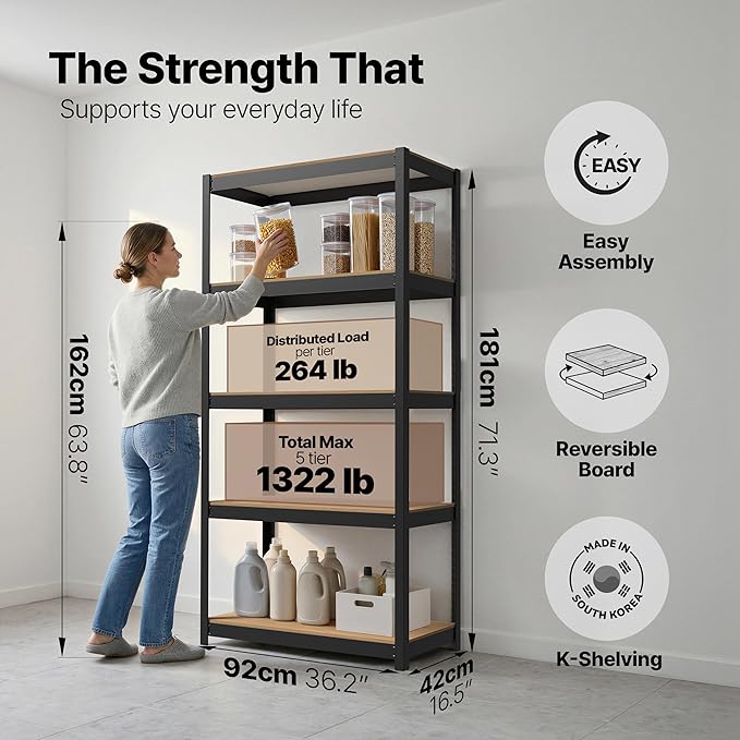 HOMEDANT House 36.2" W 5 Tier Heavy Duty Garage Shelving Adjustable Metal Rack Storage Shelves Standing Shelf Unit Organizers Pantry Closet Office Black 1Pack