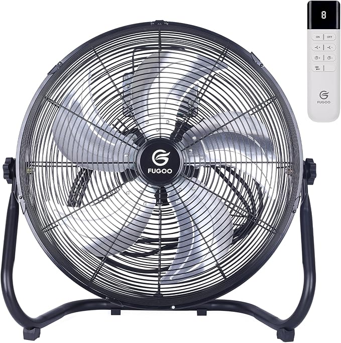FUGOO 18" High Velocity Floor Fan with Remote,BLDC Motor,Quiet,8 Speeds, Tilt Head, ETL-Listed Safety Compliance, Metal Housing/Blades, Ideal for living Room/Commercial Space/Garage/Gym, 90W,3600CFM