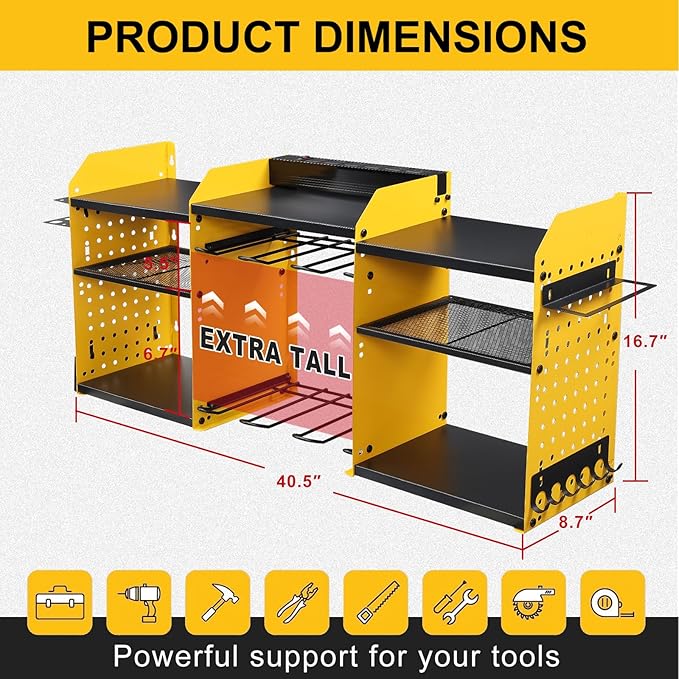 3 layers power tool organizer Loads 150lbs with 6 Cordless Drill Holder and 6 Outlet Power Strip,it’s good choice for husband birthday gift,yellow