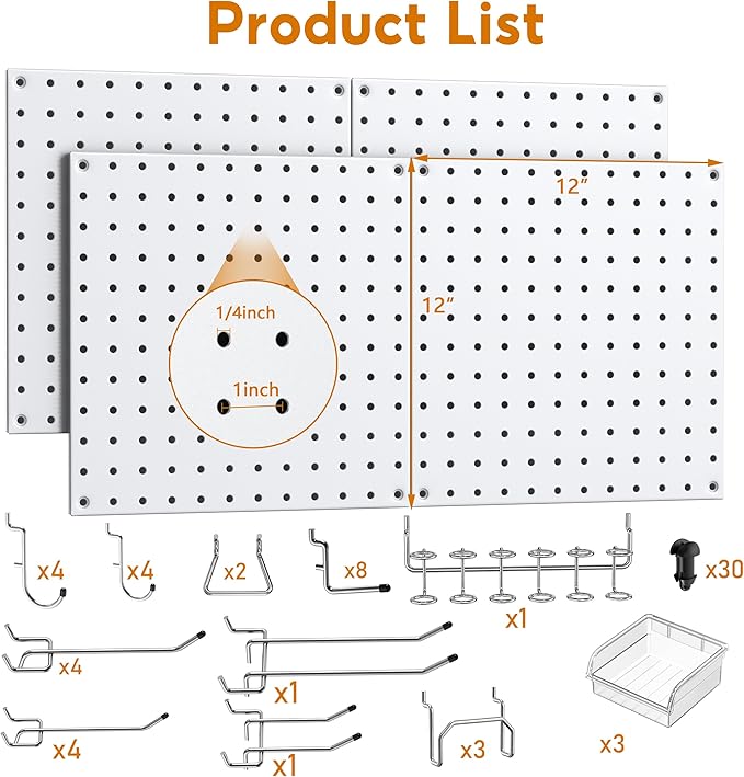 Peg Board, 68PCS Heavy Duty Metal Pegboard with Hooks, 4 Pack White Peg Board Panels, 50lbs Load Capacity Each, Pegboard Wall Organizer for Garage, Workshop, Craft Rooms Total 24” x 24”