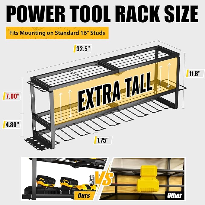 MOOMSINE Power Tool Organizer Wall Mount, Heavy Duty Metal Tool Storage Rack Loads 320lbs, 8 Cordless Drill Holder 3 Layer for Garage, Workshop, Tool Room, Gift for Men