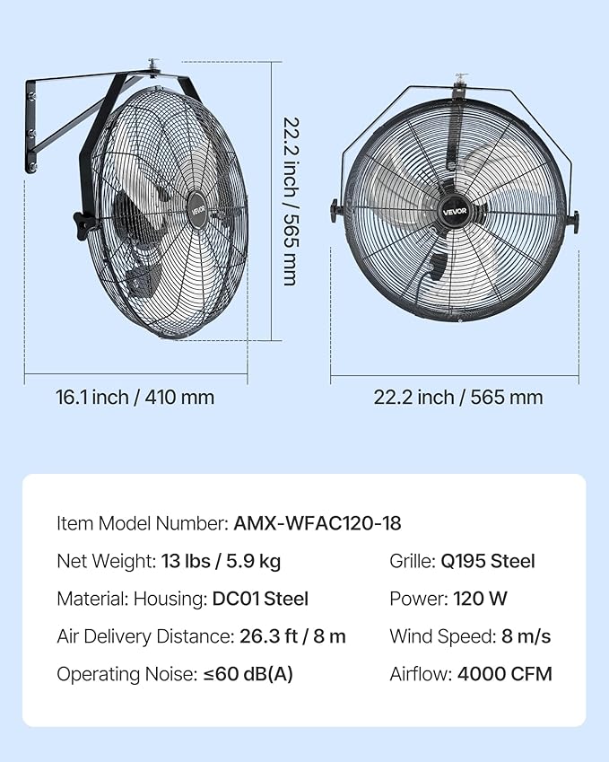 VEVOR 18 Inch Industrial Wall Mount Fan, High Velocity 4000 CFM with 3 Speeds, Powerful Motor Garage Wall Fan with Aluminum Blades for Workshop, Warehouse, Greenhouse, Commercial