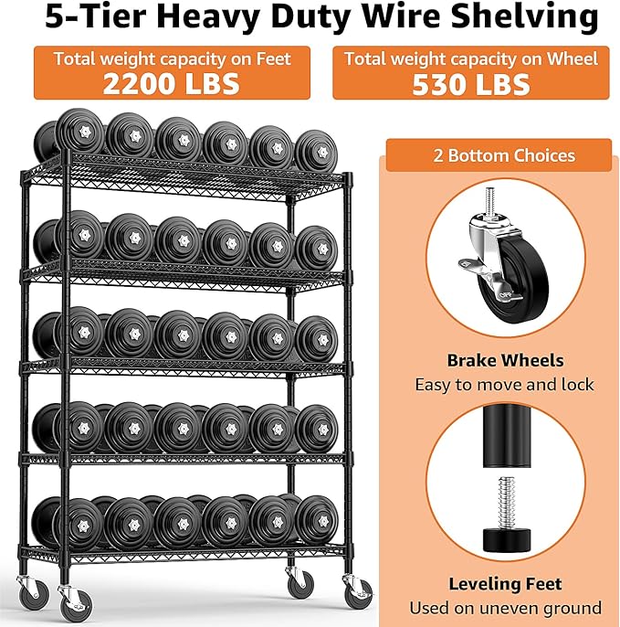 M MZG 53" W Garage Shelving 5 Tier Industrial 2200LBS Metal Shelving Units for Commercial, Basement, Pantry, Warehouse, School, Black Heavy Duty Easy Assembly 53.2" W x 23.6" D x 73.6" H