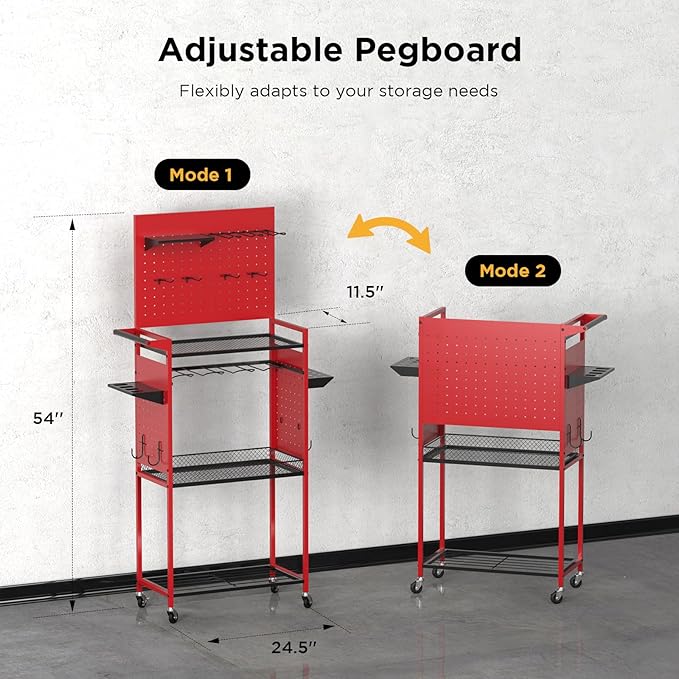 LimeHill Garage Power Tools Organizer Cart with Pegboard, Large Floor Standing Rolling Drill and Tools Battery Storage Cart on Wheels, Utility Rack Gift for Men, Husband, Father