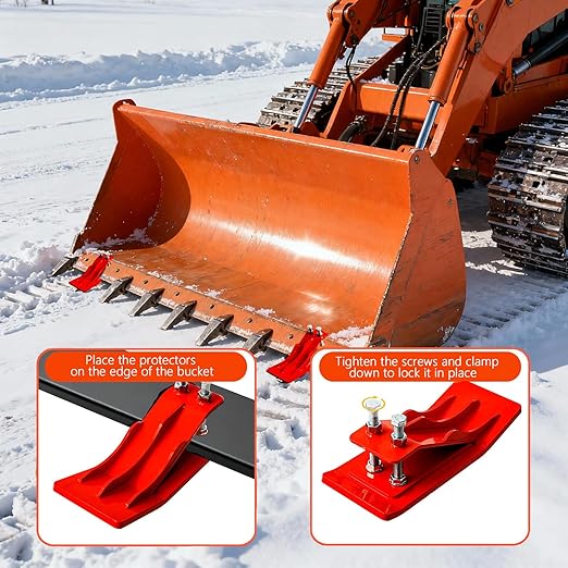 2Pcs Tractor Bucket Attachment, High-Visibility Red Tractor Bucket Edge Protector, Skid Steer Attachments with 10mm Steel & Anti-Skid Dual Bolt Lock