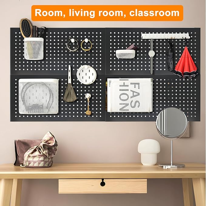 4 Pack Metal Pegboard Panels 24" x 12" Black Heavy Duty Steel Pegboard Wall Organizer, Garage Utility Tools Pegboard Storage System for Workbench, Shop, Shed Modular Peg Board Organizer Board Kit