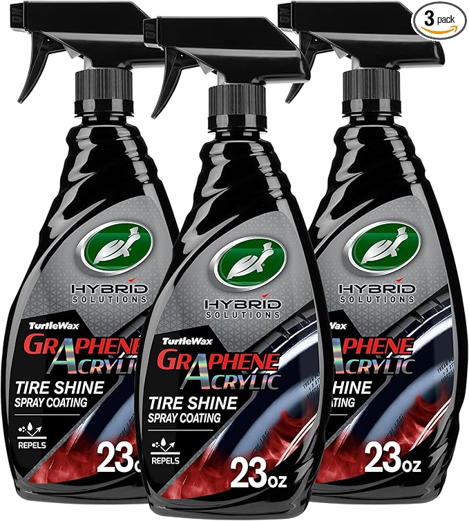 Turtle Wax Hybrid Solutions Graphene Acrylic Tire Shine Spray Coating, Long-Lasting Rich Black Shine, No-Sling, Water-Resistant Tire Dressing with UV and Dirt Repellent Protection, 23oz (Pack of 3)
