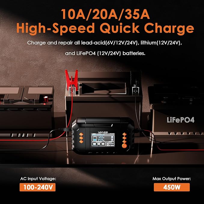 WAVLINK 450W Smart Battery Charger, Max. 35A Trickle Charger with LCD Display, for 6V/12V/24V Lead-Acid/Lithium/LiFePO4 Batteries, Battery Maintainer and Desulfurizer for Cars, Boats, Motorcycles