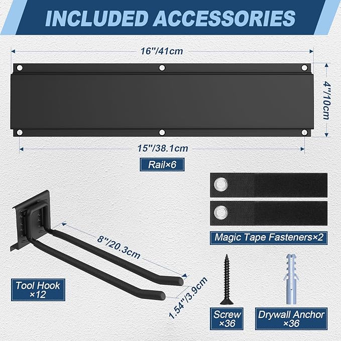 Housolution Heavy Duty Garage Wall Organizer 96 Inch - 20Pack Carries 720 lbs, Garage Tool Storage System, 6 Rails with 12 Adjustable Metal Hooks, Garden Yard Shed Rack for Rake Broom Mop Snowboard