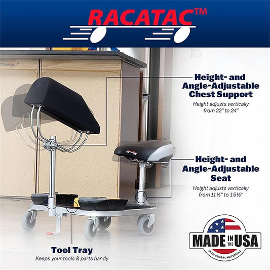RACATAC Kneeling Sitting Creeper, 2 Inch Casters, Knee Pads, Adjustable Seat, Made in the USA, 01RACCS