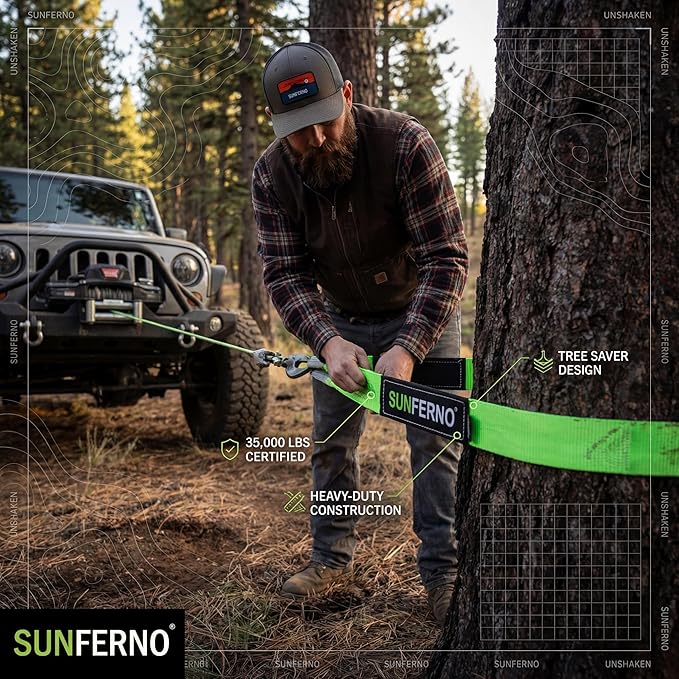 Sunferno Tree Saver Winch Strap 35,000 lbs Certified | Confidently Rig Your Winch Line | 3 inch x 8 Foot | Heavy Duty Emergency Off-Road Towing and Recovery Rope Winching Accessory for 4x4 and Truck