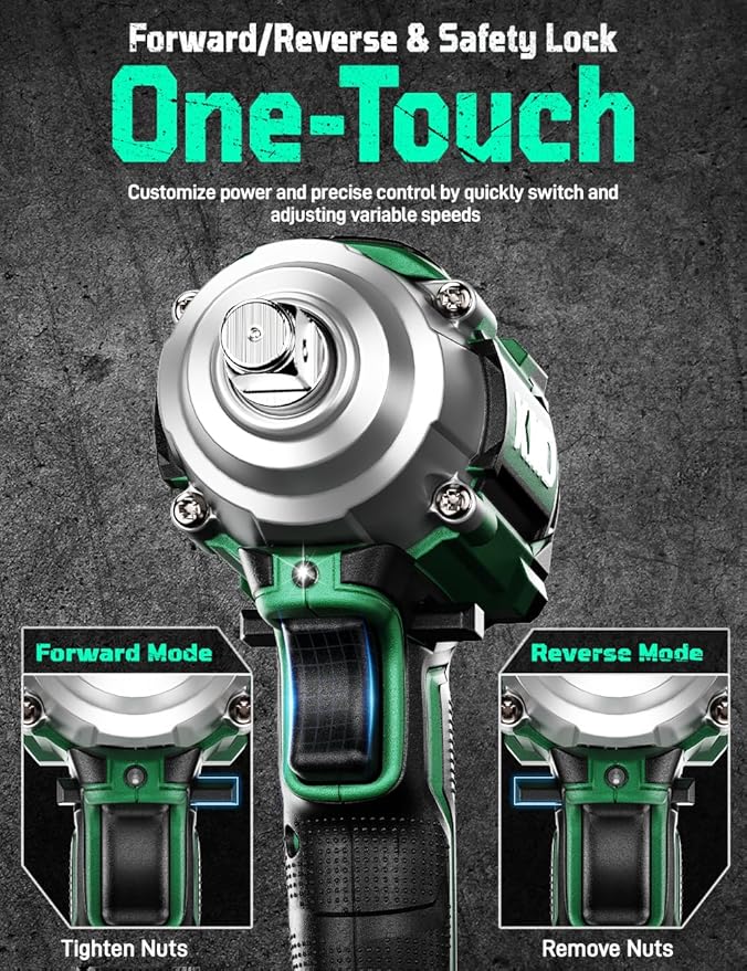 KIMO Cordless Impact Wrench, 1200N.m/900ft-lbs, 4000 RPM, 7Sockets High Torque Brushless Wrench with 3/8" Chuck, 4000mAh Li-ion Battery, Fast Charger, Variable Modes Power Impact Driver for Car Tires