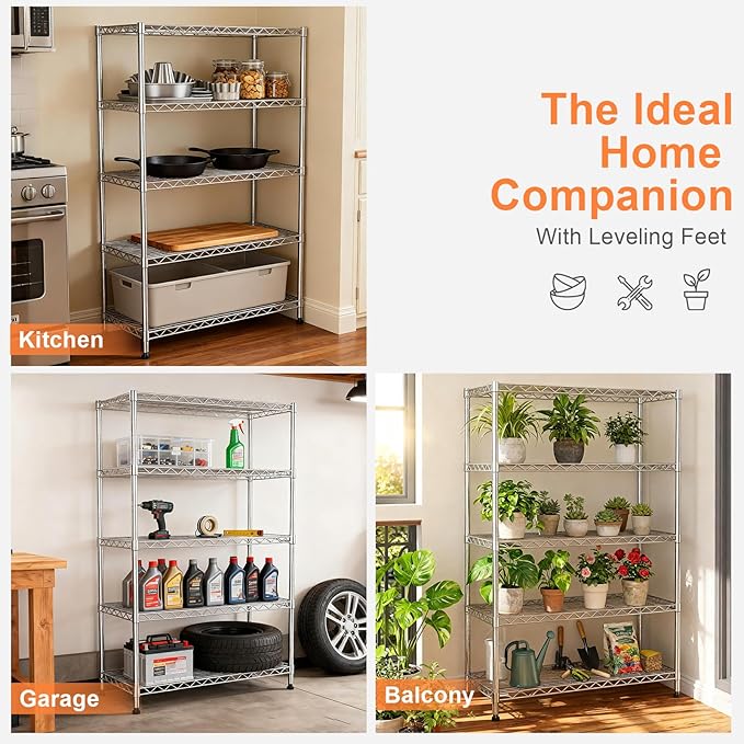 5 Tier Shelving Unit,30" Wx14 Dx62 H,Wire Shelving with Lockable Wheels,Metal Shelf Rack,Height Adjustable Wire Rack Storage Shelving Stand for Kitchen,PantryGarage,Office,Laundry,Living Room