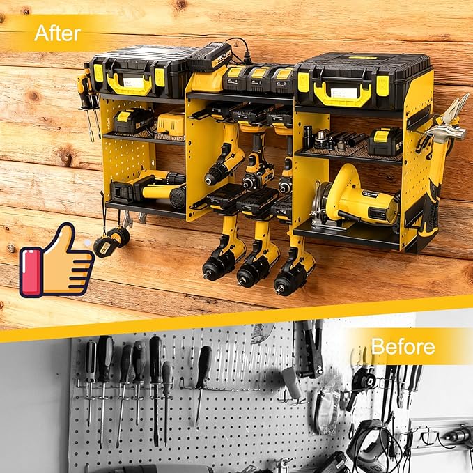 3 layers power tool organizer Loads 150lbs with 6 Cordless Drill Holder and 6 Outlet Power Strip,it’s good choice for husband birthday gift,yellow