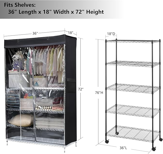 Macoda Storage Shelf Cover Wire Rack Shelving Fits Racks 18" D x 36" W x 72" H One Side See Through Panel (Cover only)