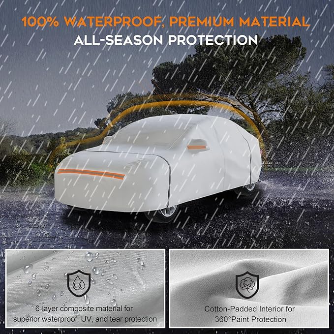 Waterproof Hatchback Car Cover: 6-Layer Protection from Rain, Snow, UV & Dust - Universal Fit up to 169 inches with Zipper Door & Windproof Straps for Outdoor, Garage, Travel Use,Silver