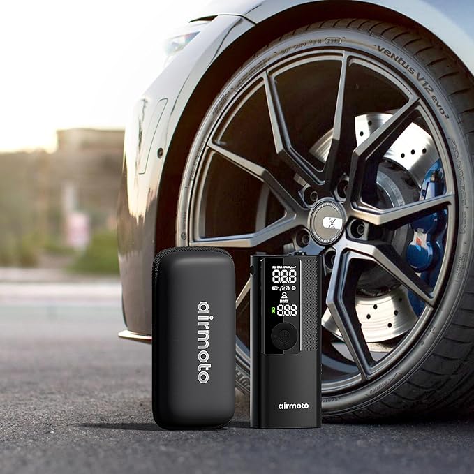 Airmoto and Carrying Case Bundle Deal - Tire Inflator Portable Air Compressor with Hard Case - Air Pump for Car Tires, Motorcycle, Bicycle - Cordless Tire Pump with Tire Pressure Gauge