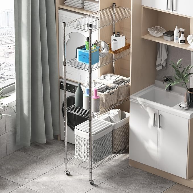 Homdox Heavy Duty 4-Tier Metal Shelving Unit with Adjustable Shelves, Rolling Storage Rack for Kitchen, Garage, Pantry, 36.02"x17.91"x74.41", Silver