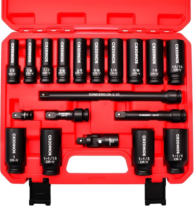 Socket Set 1/2" Drive Impact Socket Set,19-Piece 6 Point Deep, SAE CR-V Steel Sockets with Extension Bars, Universal Joint and Adapter (1/2" 19 PCS SAE)