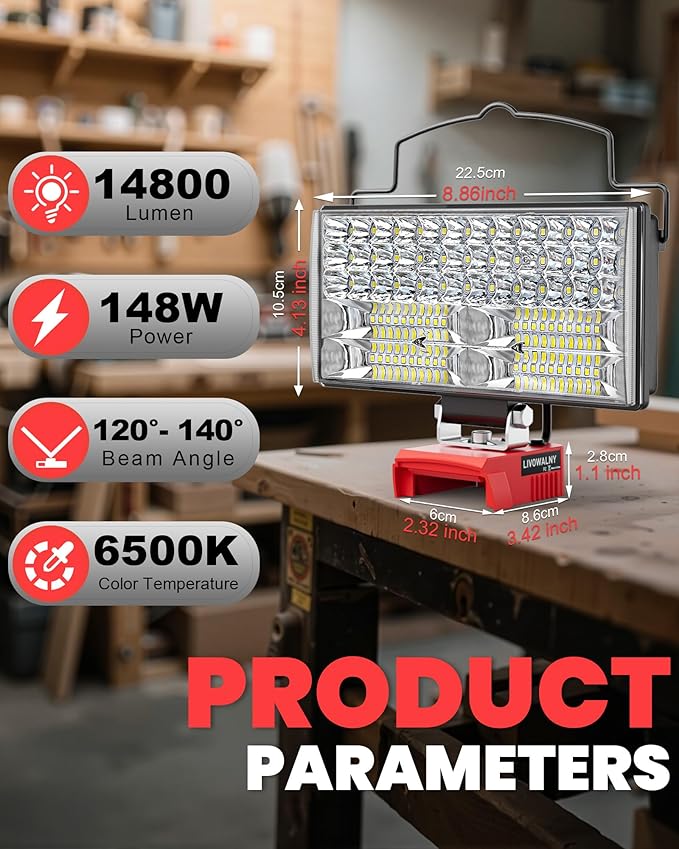 LIVOWALNY LED Work Lights Compatible with Milwaukee 18V Battery, 148W 14800LM 7" Flood Light Portable with USB & Type-C Charging Port & Low Voltage Protection 140° Pivoting Head, Battery Not Included