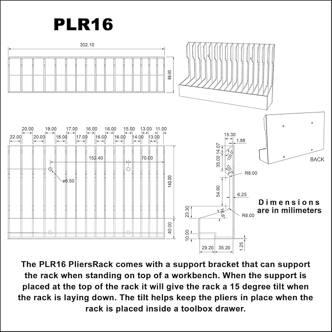 PLR16 Red Pliers Rack mounts on your peg board, or fits in your toolbox drawer. Plier storage for Regular & smaller pliers. Holds spring loaded pliers closed. Has a special tilt feature.