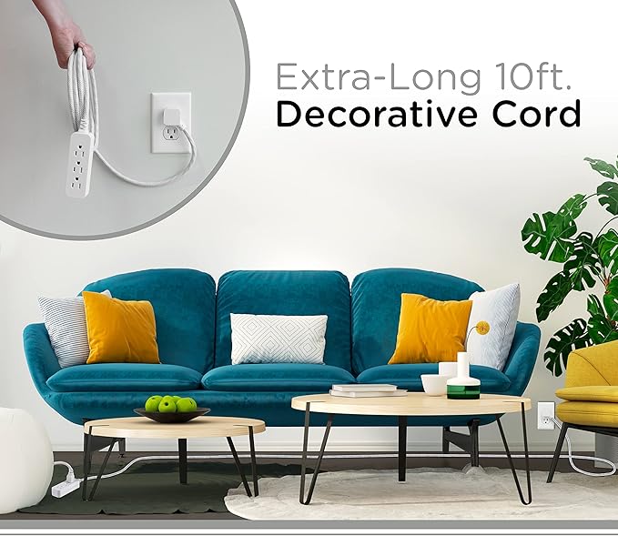 Cordinate 3 Outlet Power Strip Surge Protector Indoor Extension Cord 16 Gauge 10 Ft 3 Prong Braided Extension Cords Flat Extension Cord ETL Listed White 37914