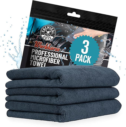 Chemical Guys Workhorse Professional Grade Microfiber Towels for Cars - Black 16x16 Inch Microfiber Cleaning Cloths for Home & Pet Drying, Soft & Scratch-Free, Washing, Drying & Cleaning, 3 Pack