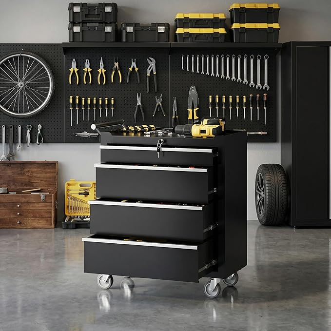 IDEALHOUSE Rolling Tool Chest, 4 Drawers Tool Storage Cabinet, Toolbox with Wheels, Portable Tool Cabinet Organizer with Locking System & Drawer Liners, Tool Storage Cart for Garage, Workshop, Black