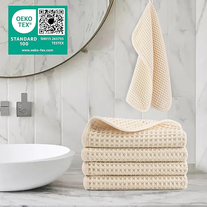 POLYTE 430 GSM Microfiber Lint Free Washcloth Face Towel, 13 x 13 in, 4 Pack (Waffle Weave)