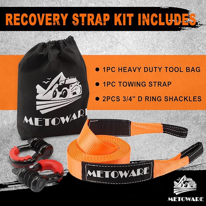 METOWARE Heavy Duty Tow Strap Recovery Kit - 3" x 30ft(35,000lbs) Tree Saver Winch Strap + 3/4" D Ring Shackles(2pcs) + Storage Bag - Truck, SUV, ATV Off Road Towing Strap Kit