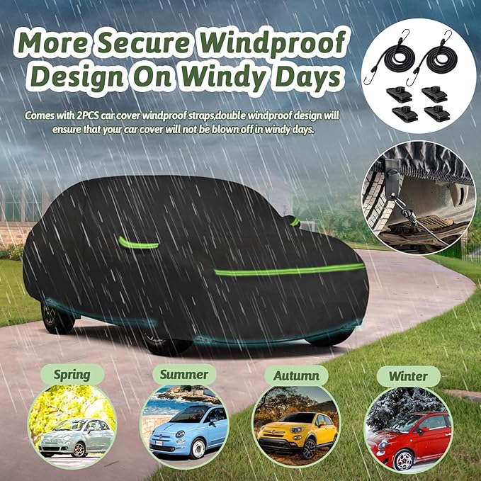 Car Cover for 2007-2025 Fiat 500/500C/500E Abarth/New Fiat 500 (Hatchback/Cabrio/3+1), 210T Waterproof Sun Rain Dust Snow Protection Outdoor Fiat Car Cover with Cotton Lining and Zipper Door-Black