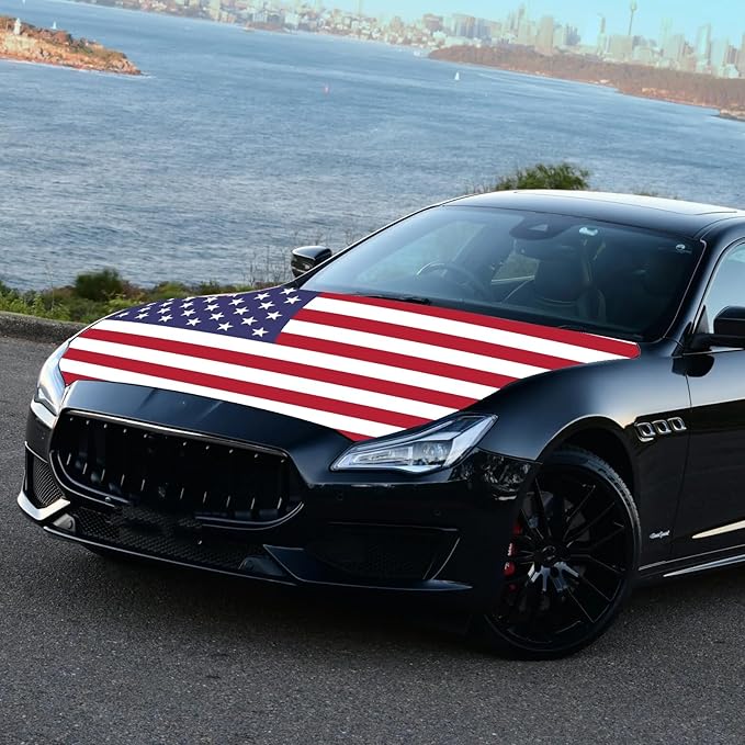 American Hood Flag Cover - 59x51 in Car Hood Cover American Flag for Car Decor, Patriotic Car American Flag with 2 Pack Adjustable Triangular Fasteners
