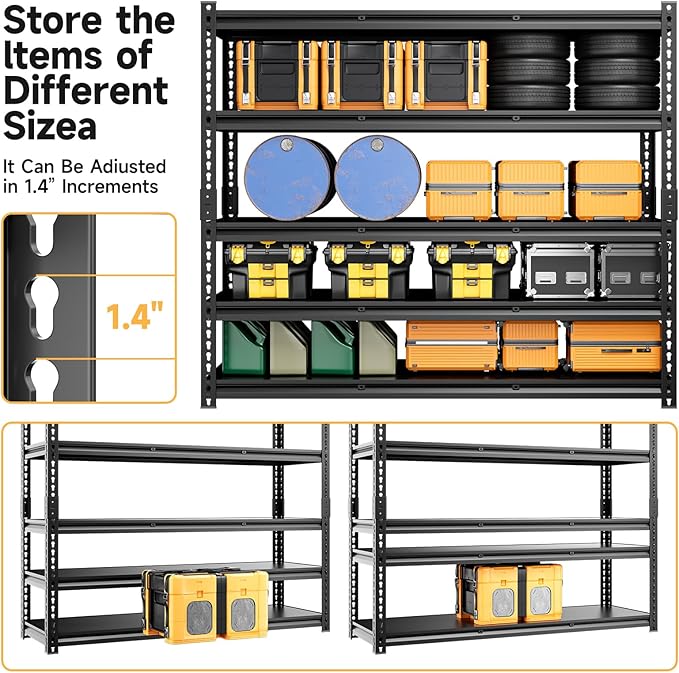 5-Tier 60”W X 20”D X 72”H Garage Shelving Heavy Duty 3000LBS Shop Shelves Heavy Duty Adjustable Unit Rack Metal Rack (Black)