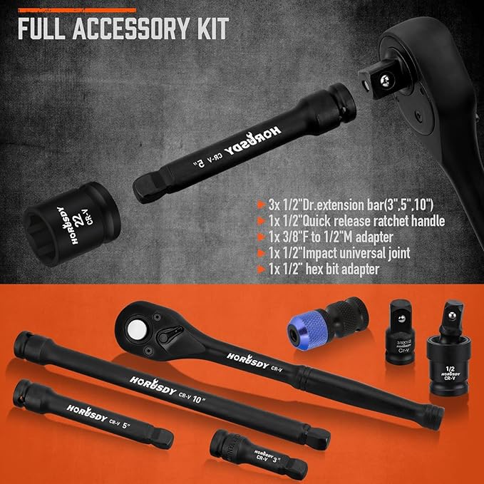 HORUSDY 1/2" Drive Impact Socket Set, 67 Piece, SAE (3/8" to 1-1/4") and Metric (8-24mm), 6 Point, Cr-V, Includes 1/2-Inch Drive Ratchet Handle, Extension Bar, Universal Joint and Adapter