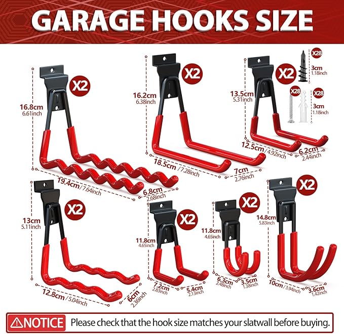 3-H Slatwall Hooks 14 Pack Heavy Duty Multi Sizes, Slatwall Accessories & Hangers Compatible with Proslat Handiwall Crownwall StoreWALL, Garage Slat Wall Hooks for Tools & Daily Items(Red)