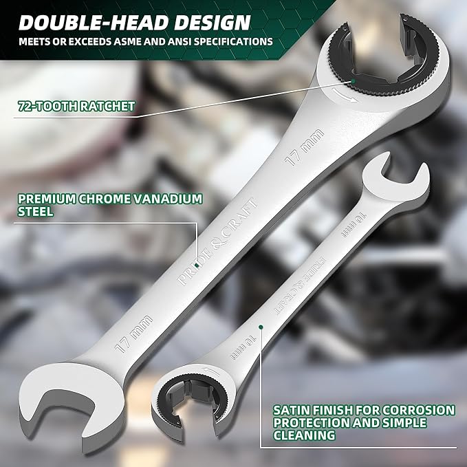 PRIDE&CRAFT 6-Piece Ratcheting Flare Nut Wrench Set, Metric Tubing Wrench Set, 10-17mm, CR-V Steel, Open-head Brake Line Wrench Set with Organizer Pouch