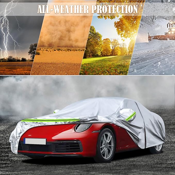 Waterproof Car Covers Replace for 1998-2025 Porsche 911 (991/992/996/997 Series), 6 Layers Silver All Weather Car Cover with Zipper Door & Windproof Bands for Snow Rain Dust Protection