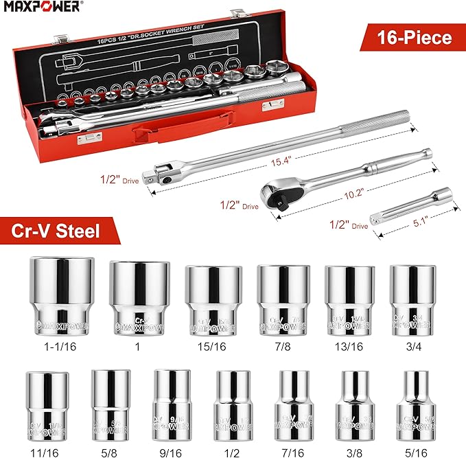 MAXPOWER 1/2" Drive Socket Wrench Set, 16-Piece, Including 13-Piece SAE Sockets, 1/2" Drive Breaker Bar, 1/2" Ratchet Wrench and Extension Bar