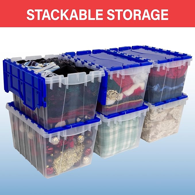 Akro-Mils KeepBox 12 Gallon Storage Container, Nesting and Stackable Plastic Storage Box with Lid Attached, Clear Tote for Garages, Closets, and Moving, 21-1/2" x 15" x 12-1/2", Clear/Red, 6-Pack