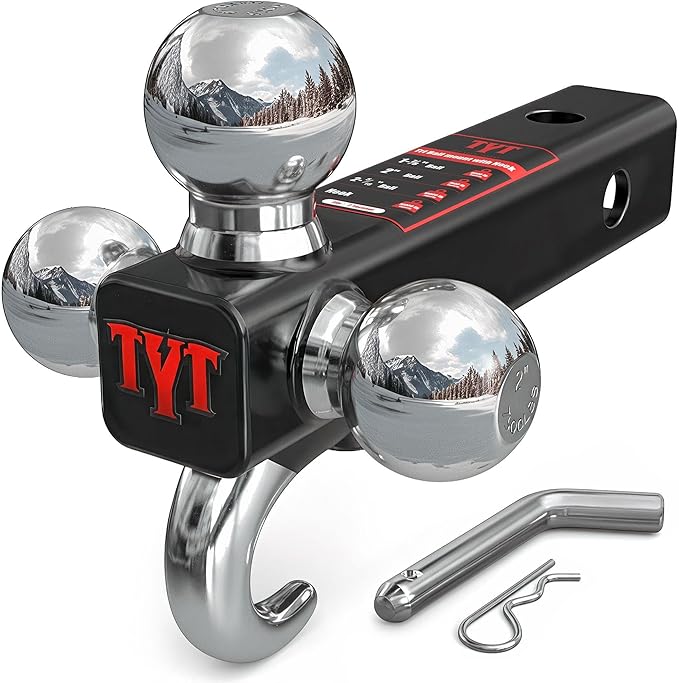 TYT Trailer Hitch Tri Ball Mount with Tow Hook,Fits 2 inch Receiver,Triple Balls (1-7/8", 2", 2-5/16"),10,000 lbs GTW,1,000 lbs TW,with Hitch pin