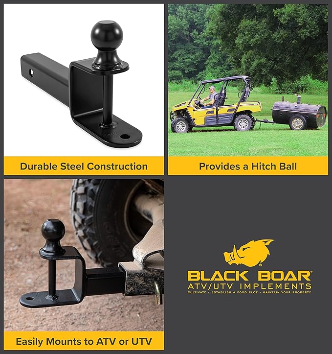 Black Boar UTV ATV Multi-Hitch - Features 2” Hitch Ball, 2” Shank - 9” (L) Shank - Hitch Ball has 2” Rise & Rated for 2,000lbs - Use w/Utility Trailers, Tow Straps & Other ATV Accessories (66081)