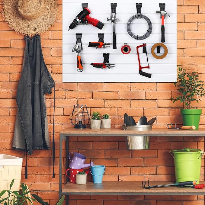 Landhoow 36 Pcs Slatwall Hooks & Hangers 32 Heavy Duty Slat Wall Hanging Hooks with 4 Storage Straps Assortment Slatwall Accessories for Storage Garage Wall Organization Garden Home (Grey)
