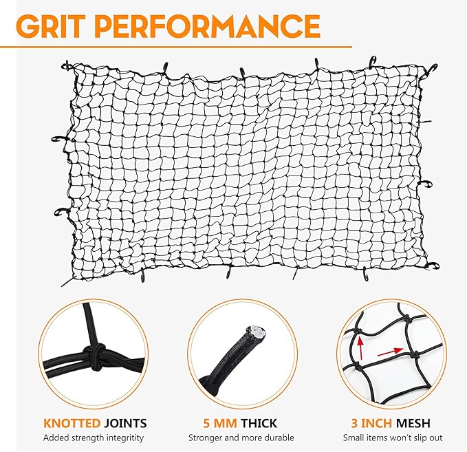 7' x 5' Heavy Duty Bungee Cord Cargo Net Stretches to 14' x 10'-Latex Truck Bed Mesh with 12Pcs Free Adjustable Hooks for Secure Carrying on Roof Luggage Rack,Cargo Carrier and Pickup Truck Bed