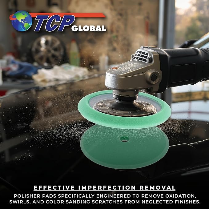 TCP Global 8" Green Foam Buffing Pad Final Cut Polish Hook and Loop Backing - Buffing Pad for Automotive, Marine, Truck, RV & Compound Cutting